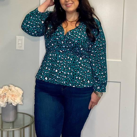 Boohoo Plus Tops - Boo Hoo Boohoo Green Leopard Print Mock Wrap Top 14/16